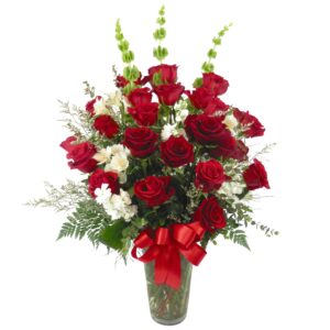 24 Red rose arrangement with greenery in a vase, perfect for an anniversary or birthday floral gift.