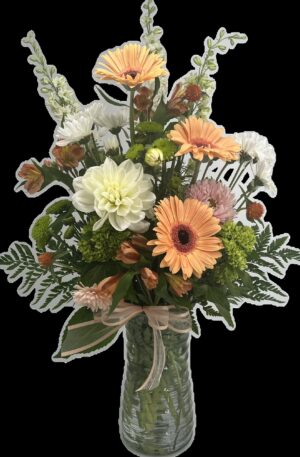 Gerbs, mums, alstroemeria, and larkspur arranged artistically in a charming peach, white and green color palette.