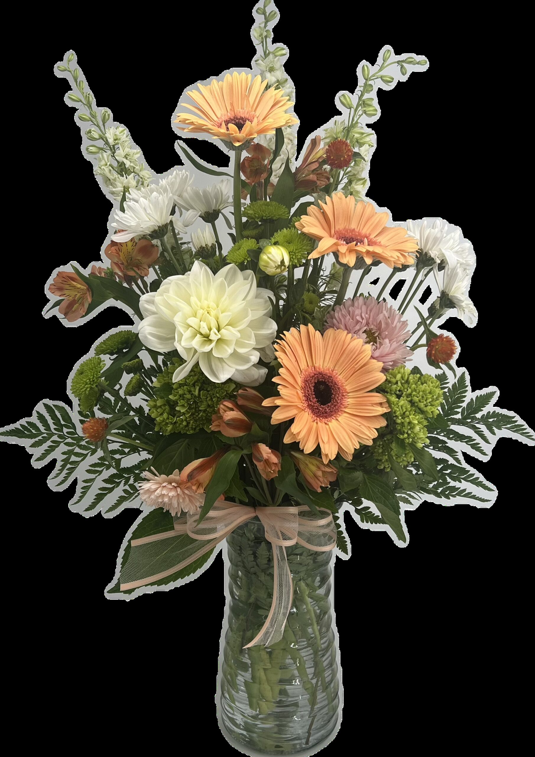 Gerbs, mums, alstroemeria, and larkspur arranged artistically in a charming peach, white and green color palette.