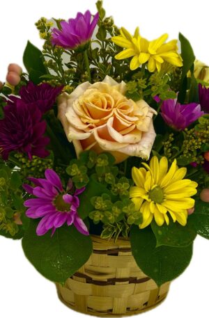 Image of assorted flowers in a wicker basket.