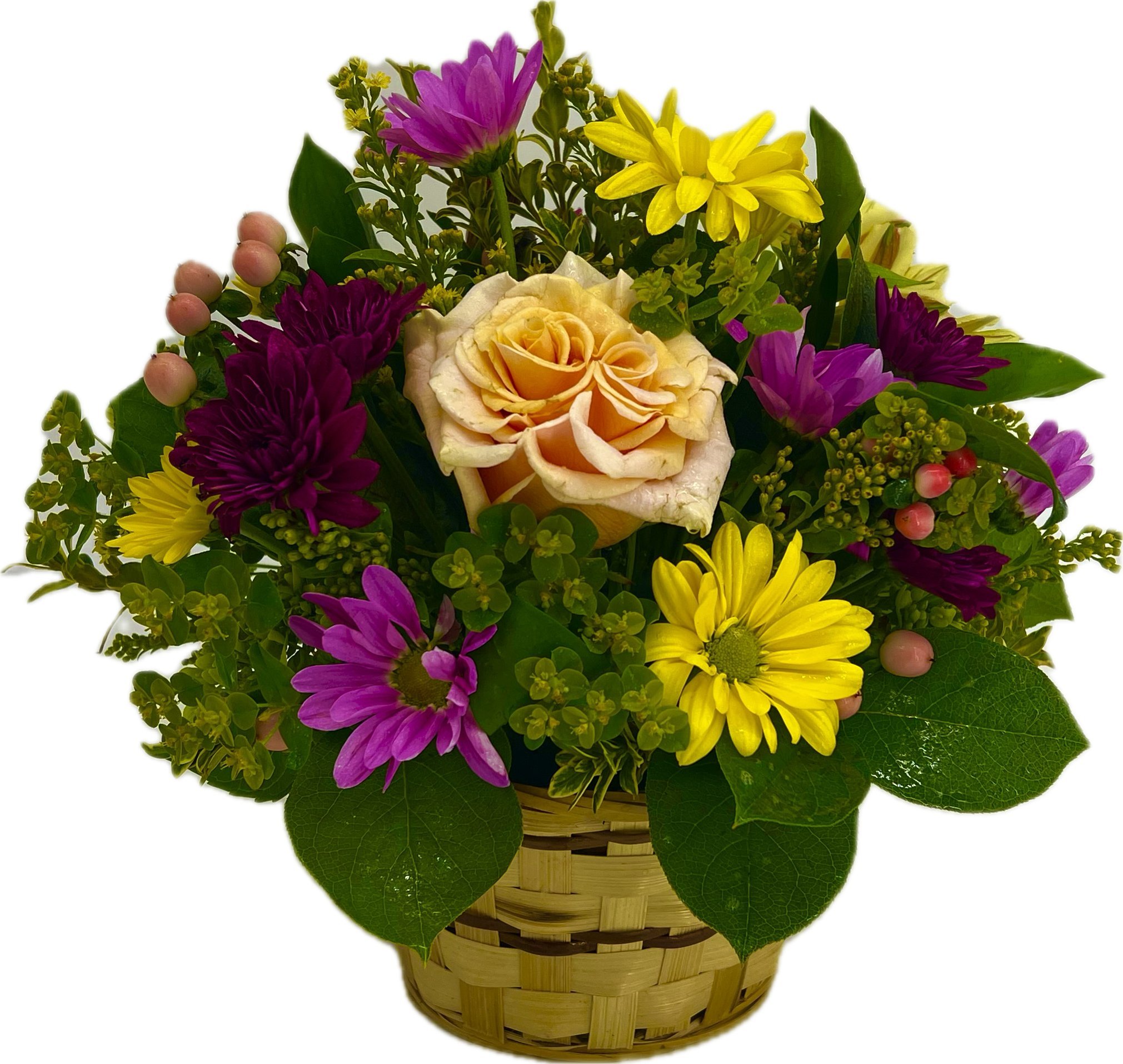 Image of assorted flowers in a wicker basket.