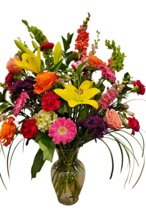 Image of bright colorful bouquet featuring yellows, oranges, pinks, and reds.