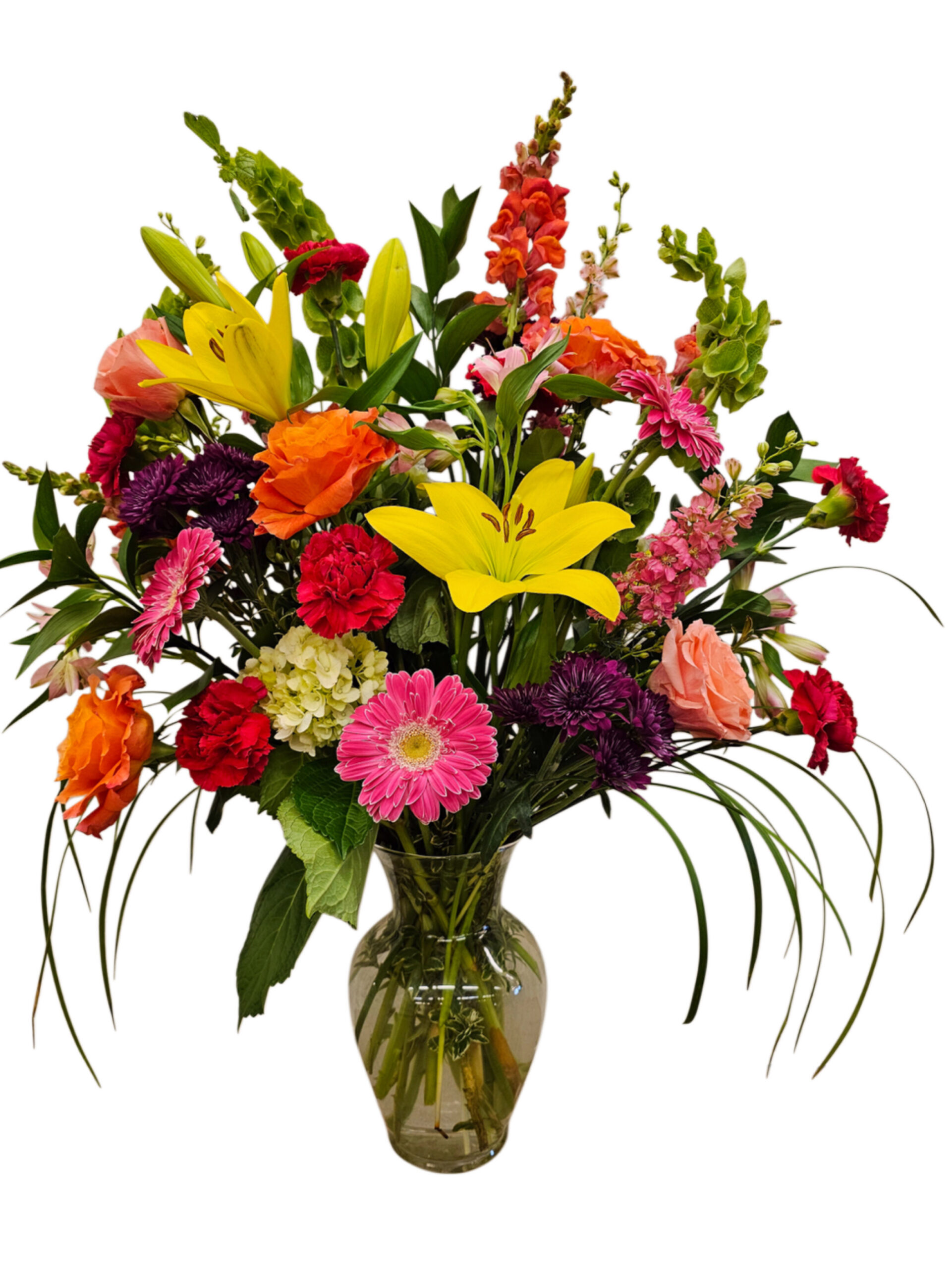 Image of bright colorful bouquet featuring yellows, oranges, pinks, and reds.